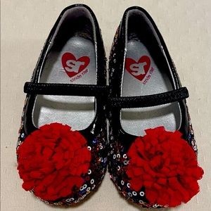 Stride Rite Girls Baby/Toddler Flats Size 5, Black-multicolored sequins& pompom.